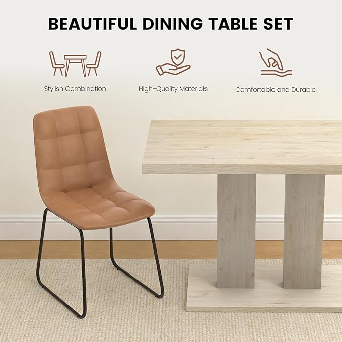 Modern 5-Piece Dining Table Set for 4, 46" Pedestal Dining Room Table with 4 Leather Chairs, Small Space Saving Kitchen Table Set, Natural Wood Finish Rectangle Table for Home & Apartment