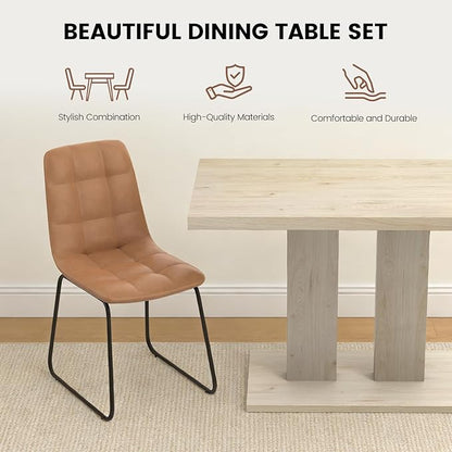 Modern 5-Piece Dining Table Set for 4, 46" Pedestal Dining Room Table with 4 Leather Chairs, Small Space Saving Kitchen Table Set, Natural Wood Finish Rectangle Table for Home & Apartment