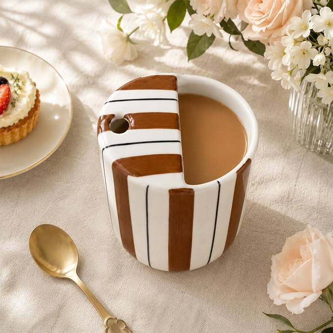 1 Pcs Ceramic Mug with Sip Hole 10 oz Novelty Brown Black Striped Coffee Mug - Image 4