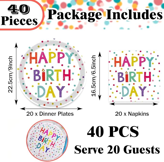 40 Pcs Birthday Plates and Napkins Party Supplies, 9-inch Disposable Happy - Image 2