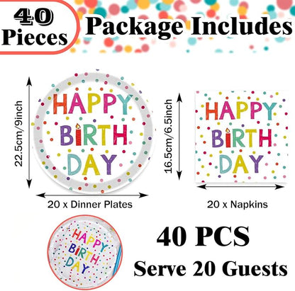 40 Pcs Birthday Plates and Napkins Party Supplies, 9-inch Disposable Happy - Image 2