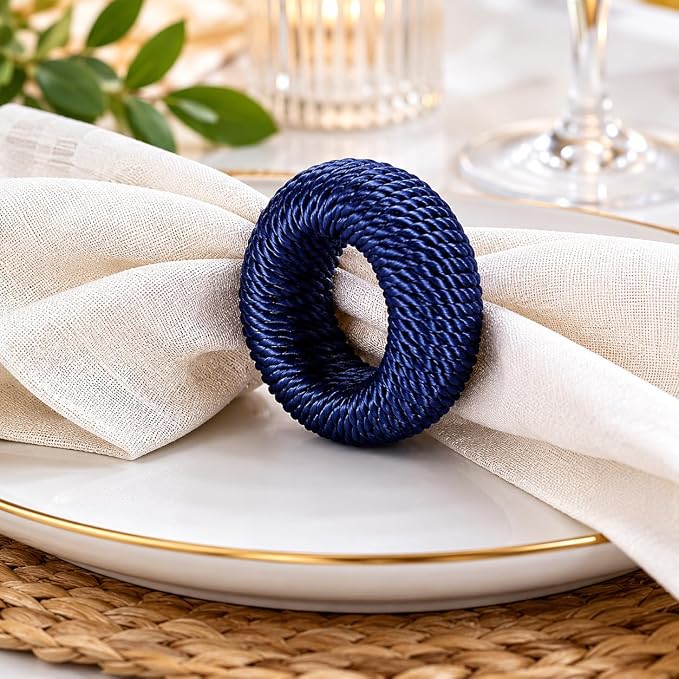 Blue Napkin Rings Set of 12, Rustic Boho Rayon | Rayon over plastic core - Image 3