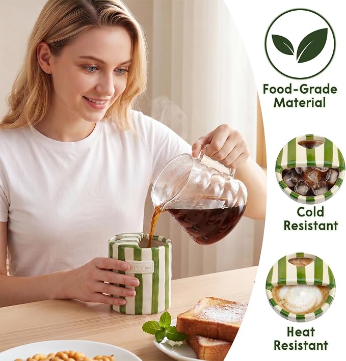 10oz Ceramic Coffee Mug with Sip Hole, Striped Espresso Cups - Image 2