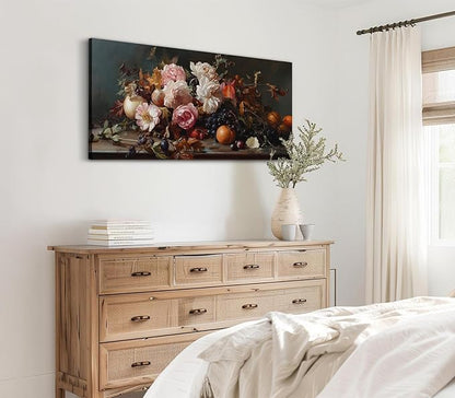 ADJUVANT Wall Art Vintage Floral And Fruit 40" L x 20" W, Peonies With Grapes And Citrus Canvas Painting Prints Graceful Botanic And Fruity Wall Decor for Living Room Bedroom Dining Room Home Office