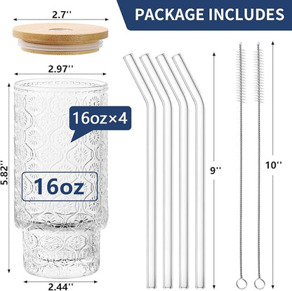 16 Oz Glass Cups Set of 4, Vintage Embossed Floral Glass Tumbler, Iced Coffee - Image 2