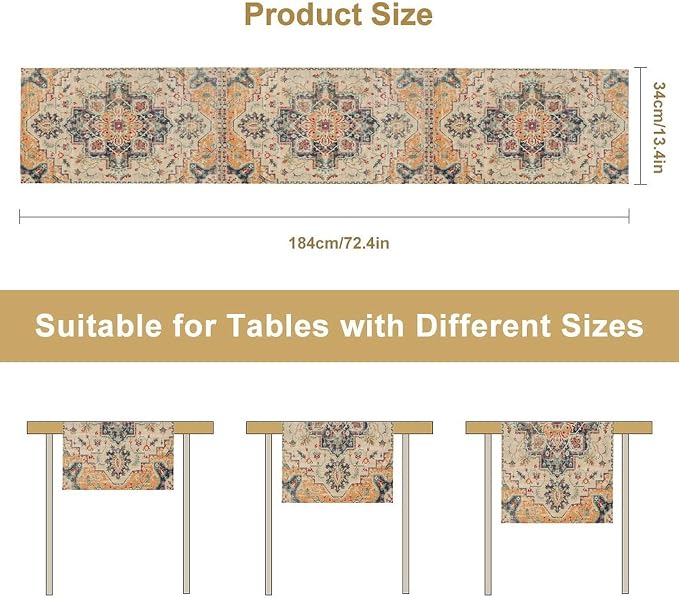 Bohemia Orange Table Runner, Rustic Farmhouse Vintage Geometric Floral Print - Image 8