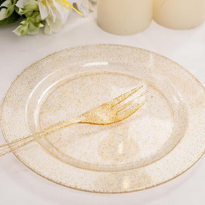 WELLIFE 60PCS Gold Glitter Dessert Plates and 60PCS Plastic Forks, 6.3 inch Disposable Dessert Plates for 60 Guests, Durable Gold Glitter Cake Plate, Perfect for Party