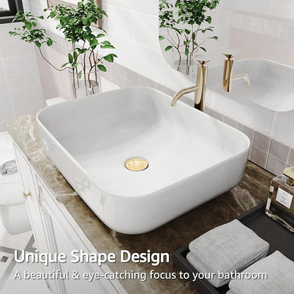 ELLAI Bathroom Vessel Sink Rectangle Above Counter Porcelain Ceramic Top Mount Rectanglar Countertop Sink for Bathroom 19.7"x15.2"x5.4" Glossy White