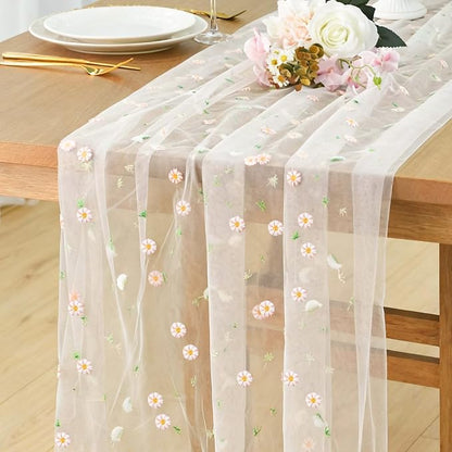Table Runner 10FT Gauze Elegant Tea Party Decor Pastel Embroiderey | Pink Sheer by FEXIA