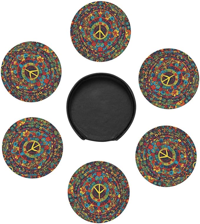 Drink Coasters with Holder Stand Set of 6, Hippies Peace Pu Leather Absorbent - Image 5