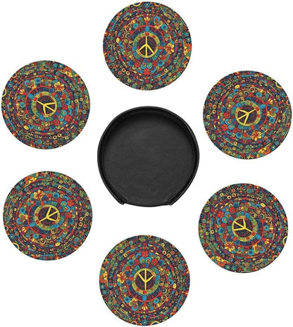 Drink Coasters with Holder Stand Set of 6, Hippies Peace Pu Leather Absorbent - Image 5