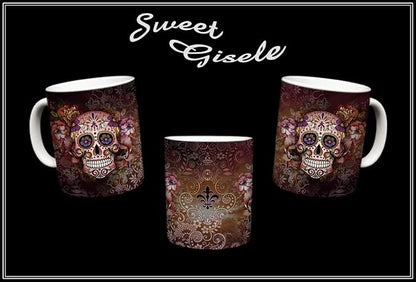 Sweet Gisele | Sugar Skull Mug | Ceramic Floral Print Coffee Cup | Day of the Dead Design | Beautiful Vivid Colors | Great Novelty Gift | Multicolor Mugs | 11 Fl. Oz (Multi/Brown)