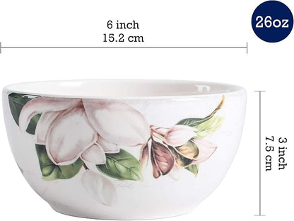 Bico Magnolia Floral Cereal Bowls Set of 4, 26 oz Deep Ceramic Soup Bowls - Image 2