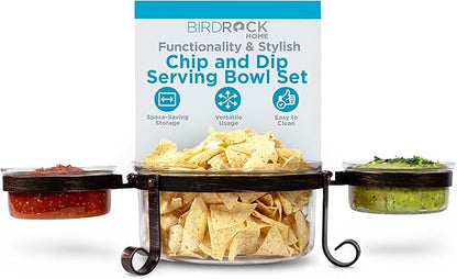 BIRDROCK HOME Chip and Dip Serving Bowl Set - Triple Glass Bowls with Metal Frame - for Party Appetizers, Taco Platter, Durable, Stylish Serveware with Compact Storage - Clear Glass, Black Frame