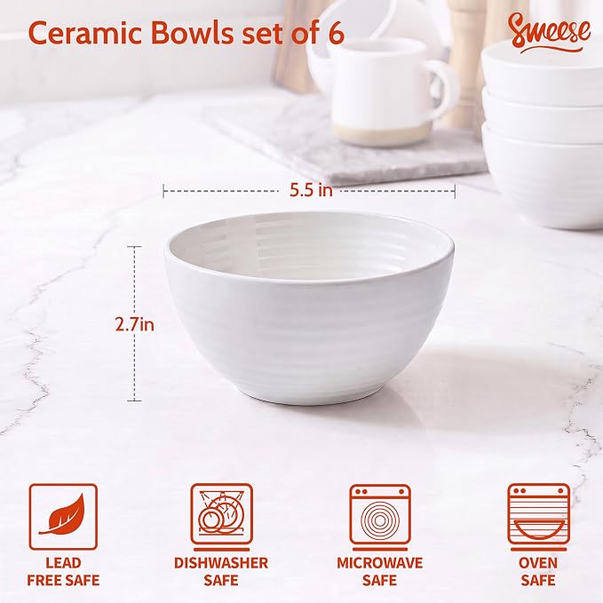 Sweese Ceramic Bowls Set of 6, 18 Oz Texture Ribbed Bowls, Wide Rim Stackable - Image 2