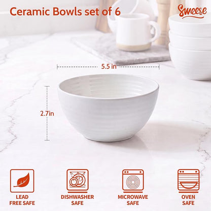 Sweese Ceramic Bowls Set of 6, 18 Oz Texture Ribbed Bowls, Wide Rim Stackable - Image 2