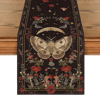 Artoid Mode Poppy Moth Mushroom Moon Fall Table Runner, Seasonal Autumn Kitchen by ArtoidMode