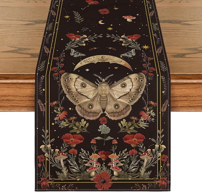 Artoid Mode Poppy Moth Mushroom Moon Fall Table Runner, Seasonal Autumn Kitchen by ArtoidMode