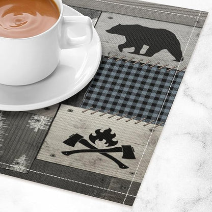 Bear Moose Deer Placemats Rustic Wildlife Moose Forest Animal Cabin Lodge Lake Pine Heat-Resistant Linen Table Place Mats for Dining Kitchen Country Camp Style Farmhouse Decor 6 PCS, Countryside-8