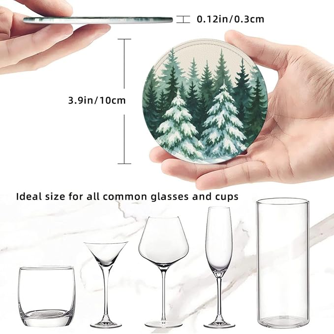 Winter Snow Scene Forest Green Christmas Tree Coasters - Image 3
