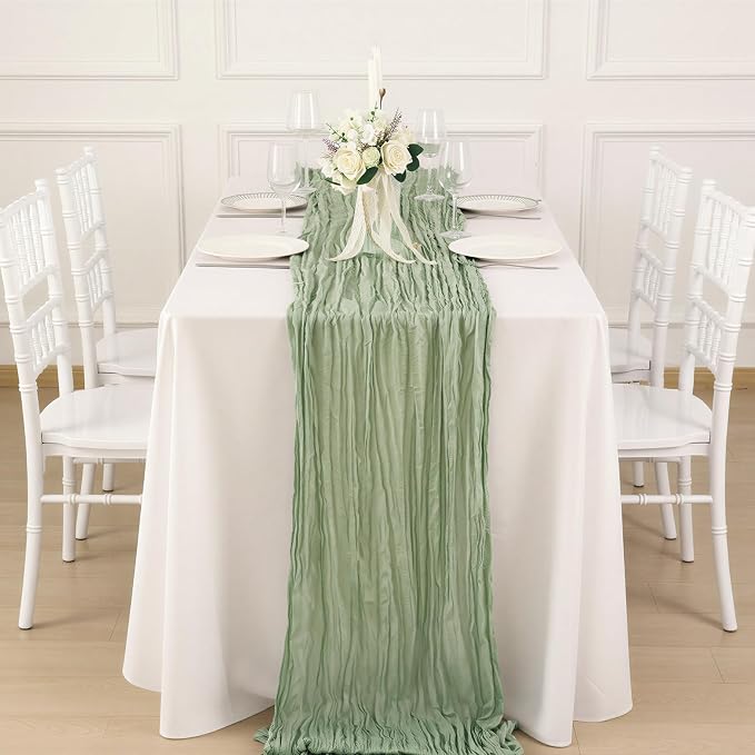 8 Pack Sage Green Cheesecloth Table Runner 120 Inch Boho Wedding Decor | - Image 4