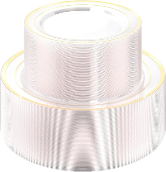 Quatish 120 Pcs Gold Rim Disposable Plastic Plates for Party,Wedding Plate Includes 60 Pes 10.25 Inch 60 Pes 7.5 Inch Heavy Duty Dinner & Dessert Plates, Perfect for Festivals,Picnics,in Clear