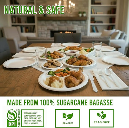 3 Compartment Compostable Heavy Duty Disposable Paper Plates, 75 Count | 10 Inch Round | Natural Bagasse, White Biodegradable Eco-Friendly School Lunch, Buffet, Party Sugarcane Tray