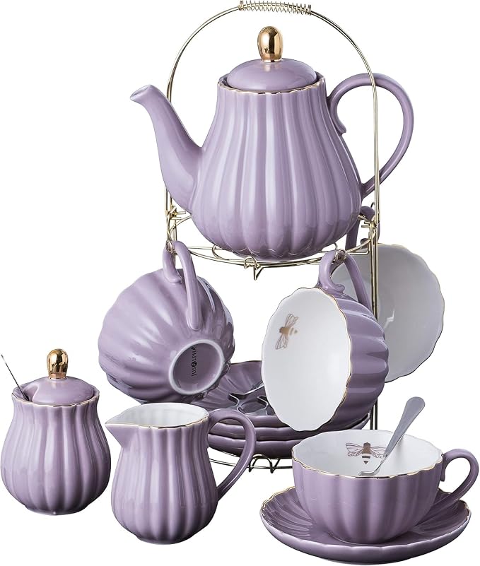 Jusalpha Porcelain Tea Set- 8 OZ Coffee/Teacup, Cup Holder, Serve of 4- by Jusalpha