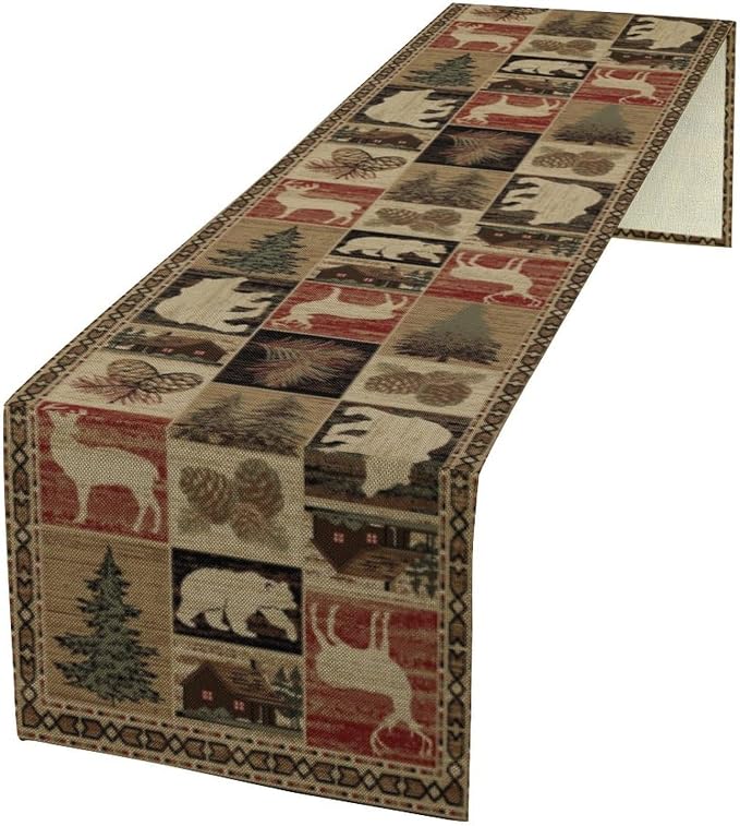 Retro Rustic Table Runner, Vintage Moose Deer Bear Leaf Tree Country Style by SXXLDNG