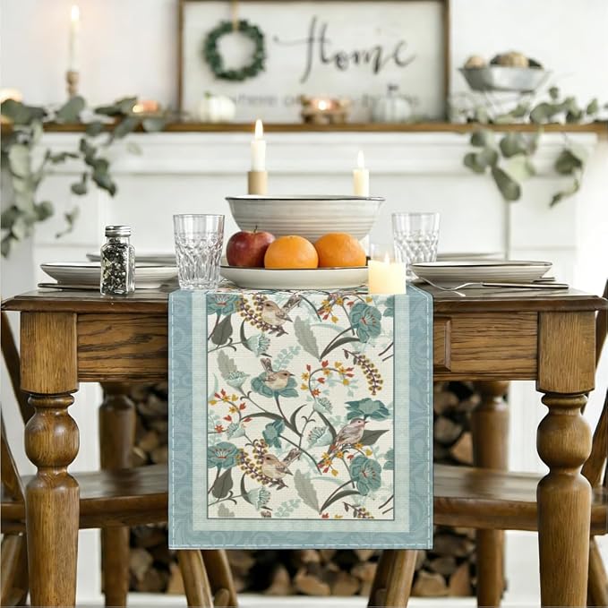 Blue Birds Flowers Blossom Table Runner, Seasonal Spring Floral Decoration | - Image 3