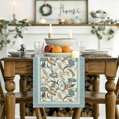 Blue Birds Flowers Blossom Table Runner, Seasonal Spring Floral Decoration | - Image 3