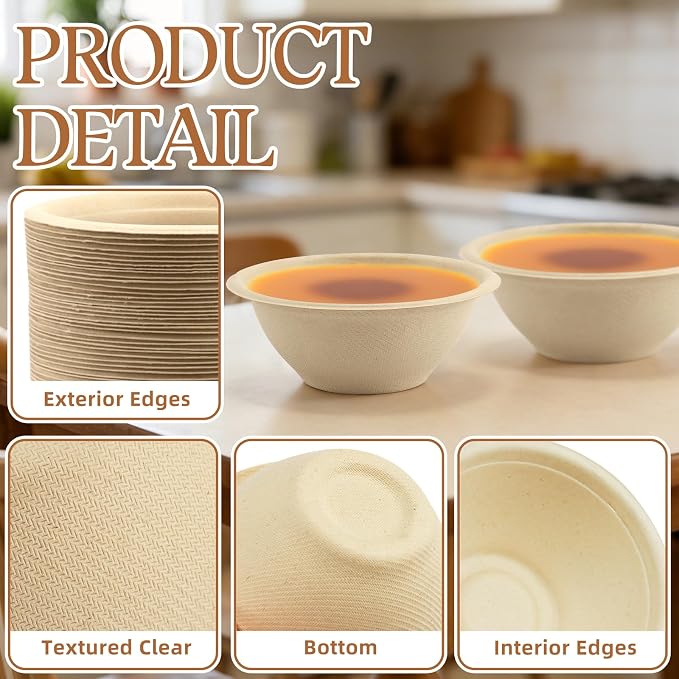LeonBach 100 Pack 6 oz Natural Bagasse Fiber Paper Bowls, Small Compostable - Image 3