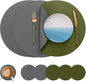 Myir JUN Round Placemats Set of 6 Faux Leather Place Mats and Coasters 15 inch Round Table Mats Dual Sided Non-Slip Stain Resistant Placemats (Gray & Green, Set of 6)