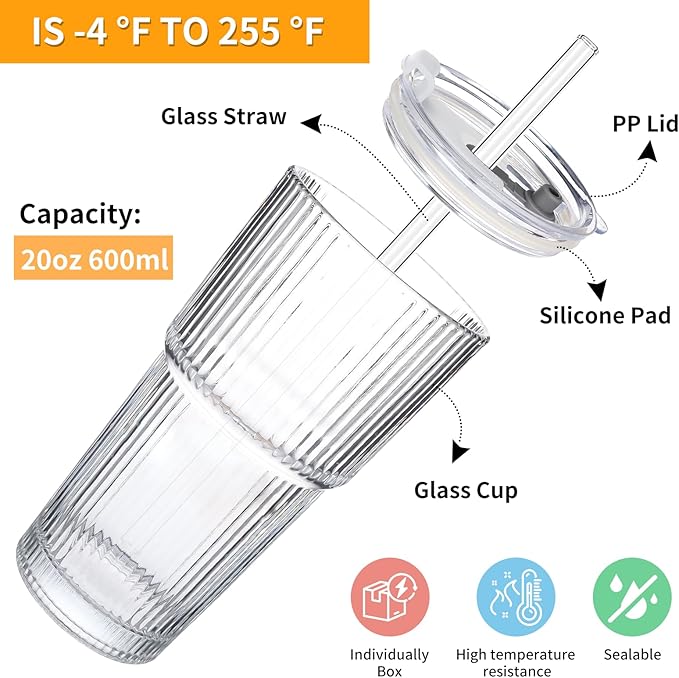 Glass Cups with Lids and Straws – 20oz Glass Tumbler with Straw and Lid - Image 3