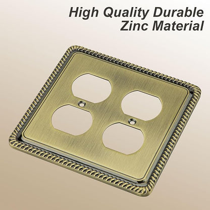Henne Bery Rope Edge Decorative Wall Plate Switch Plate Outlet Cover (Double Duplex, Antique Brass)