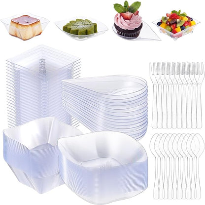 200 Pcs Mini Appetizer Plates Set Including Spoons and Forks, Disposable Mini Dessert Cup 4 Shapes Clear Plastic Dessert Bowls and Serving Trays for Party Wedding Birthday