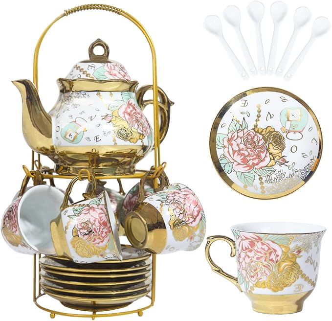 CHANJOON Gold Plated Red Rose Ceramic Tea Set, Vintage Tea Sets by CHANJOON