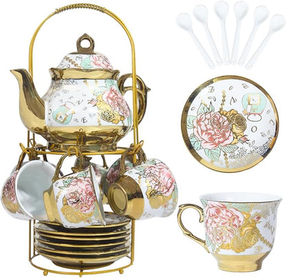 CHANJOON Gold Plated Red Rose Ceramic Tea Set, Vintage Tea Sets by CHANJOON