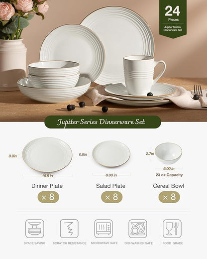 Famiware Jupiter Dinnerware Set, Plates and Bowls Dish Sets for 8 (24 Pieces), Microwave and Dishwasher Safe Stoneware Speckled Tableware, Chip and Scratch Resistant, White