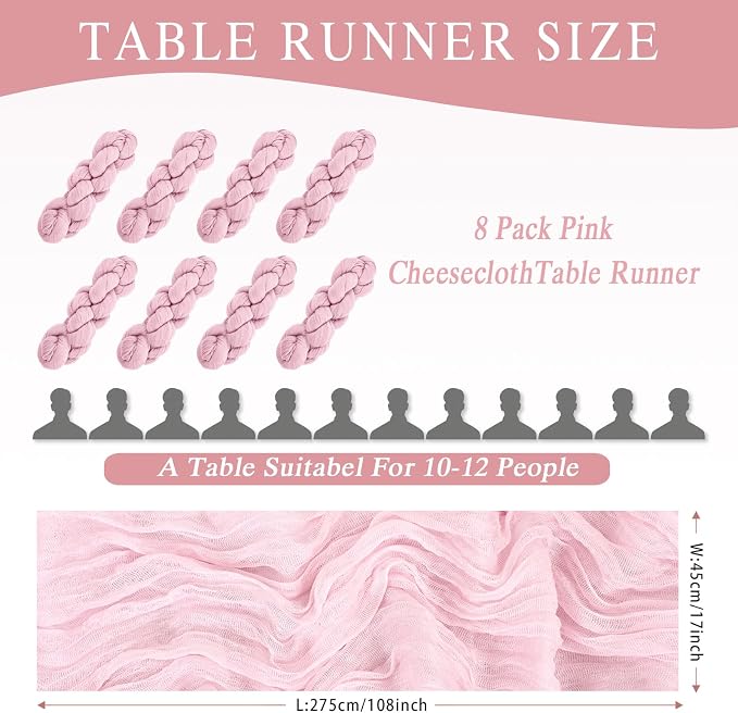 8 Pack Pink Cheesecloth Table Runner 17x108 inch Boho Gauze Cheese Cloth Table - Image 3