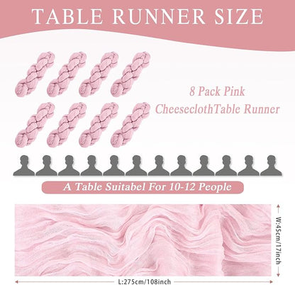 8 Pack Pink Cheesecloth Table Runner 17x108 inch Boho Gauze Cheese Cloth Table - Image 3