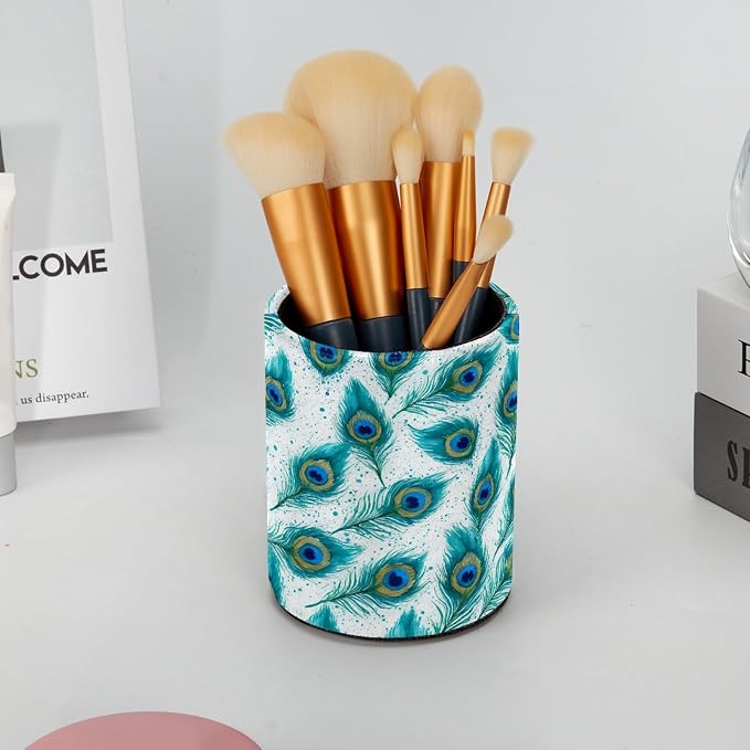 Leather Pen Holder for Desk, Peacock Feather Pencil Cup Pen Organizer Makeup - Image 6