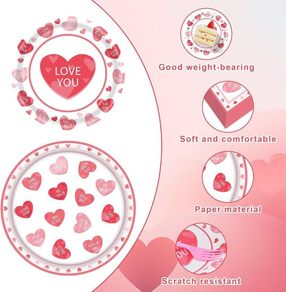 96 Pieces Valentine’s Day Tableware Set – Red and Pink Heart Message Disposable - Image 3