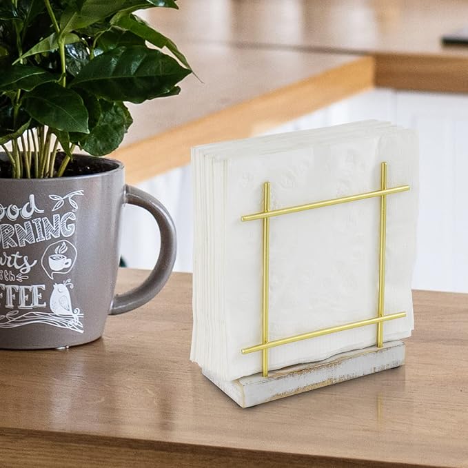 MyGift Shabby Whitewashed Wood Base Napkin Holders, Brass-Tone Metal Dispenser - Image 3
