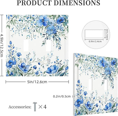 Decorative Light Switch Cover Blue Watercolor Flowers Retro Floral Leaves 2 Gang Wall Plate Double Toggle Switch Plate Receptacle Electrical Outlet Cover Switchplate for Bathroom Bedroom（2 Pack）