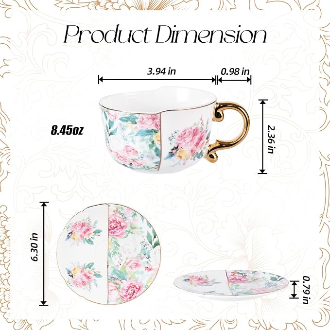 KAMMAK Tea Cups and Saucers Set of 2, Fine Bone China Coffee Cups, YX011 | - Image 2