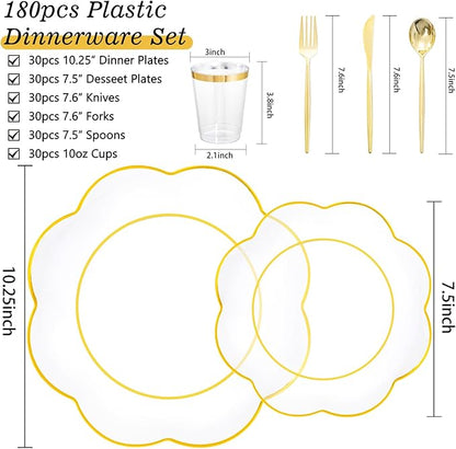 EI 180pcs Clear Plastic Plates with Gold Plastic Silverware, Plate for Party,Clear Dinnerware Set,Heavy Duty Plate for Wedding,Afternoon Tea,Spring,Mother's Day,Valentine's Day,Easter