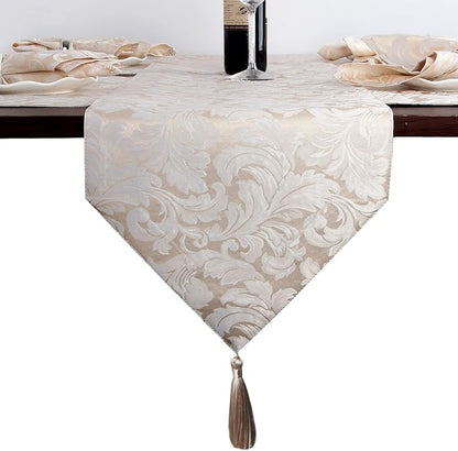EHouseHome Jacquard Damask Reversible Beige Table Runners - Image 2