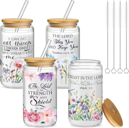 Mumufy 4 Pack Wildflower Glass Cups Gift Aesthetic Cute Glass Cup Tumbler by Mumufy