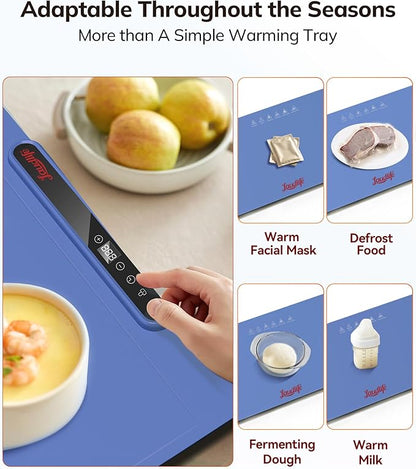 Electric Warming Mat for Food, Roll-Up Silicone Heating Pad with 7 Adjustable Tempmaster Levels, Foldable Warming Tray for Countertop,Buffet Party, Kitchen & Home, Child Lock, Dark Bule